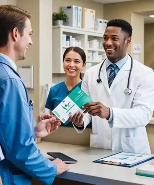 Pharmacist providing prescription medicine to a customer at a pharmacy counter